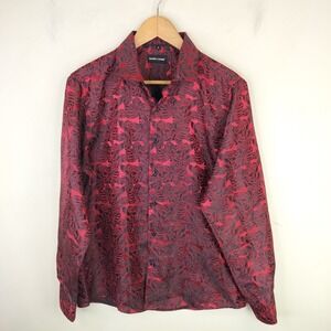 Barry Wang Silk Jacquard Floral Button Up Shirt Medium Mens Formal Red Black